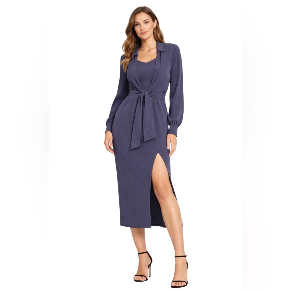 DKNY Long Sleeve Tie Waist Faux Wrap Midi Dress with Slit